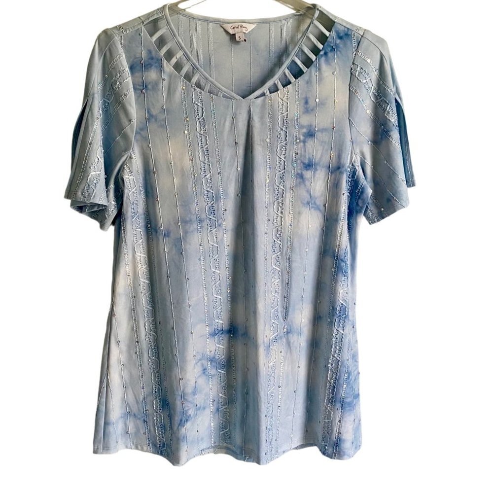 Coral Bay Pullover Short Sleeve Embellished Top Blue Tie Dye Women's Small
